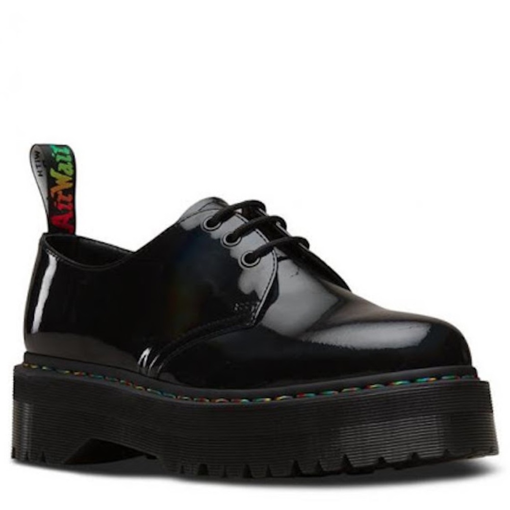 Dr. Martens Women's 1461 Rainbow Quad Retro Platform Black Patent Lamper US 6